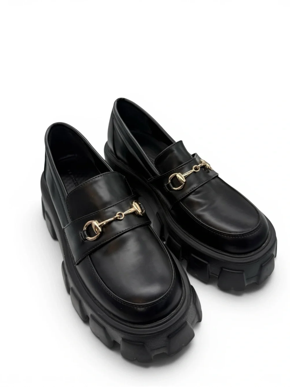 Princess Polly Black Faux Leather Lug Sole Loafers with Gold Hardware